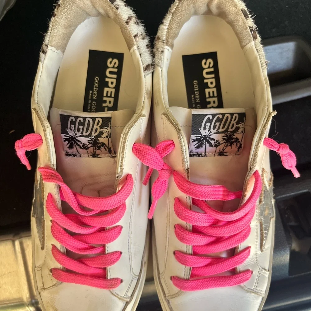 Golden Goose Leopard Print & White Sneakers with Pink Laces